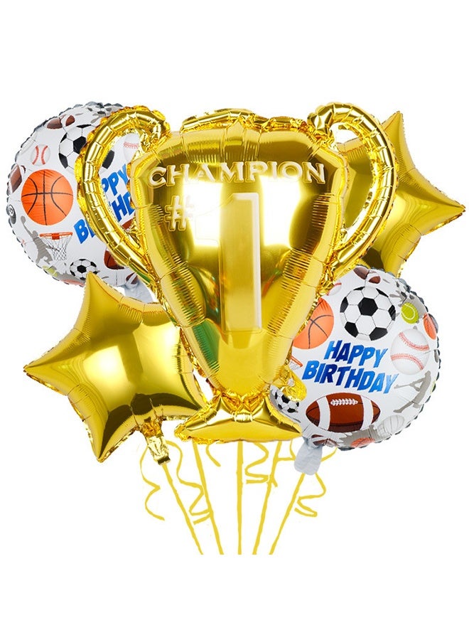 Happy D Soccer Party Decoration Trophy Balloons, 18-Inch Foil Soccer Ball Balloon, 4D Round Soccer Balloon, Soccer-Themed Birthday Party Supplies, World Cup Decorations (Set of 5) - Image 1